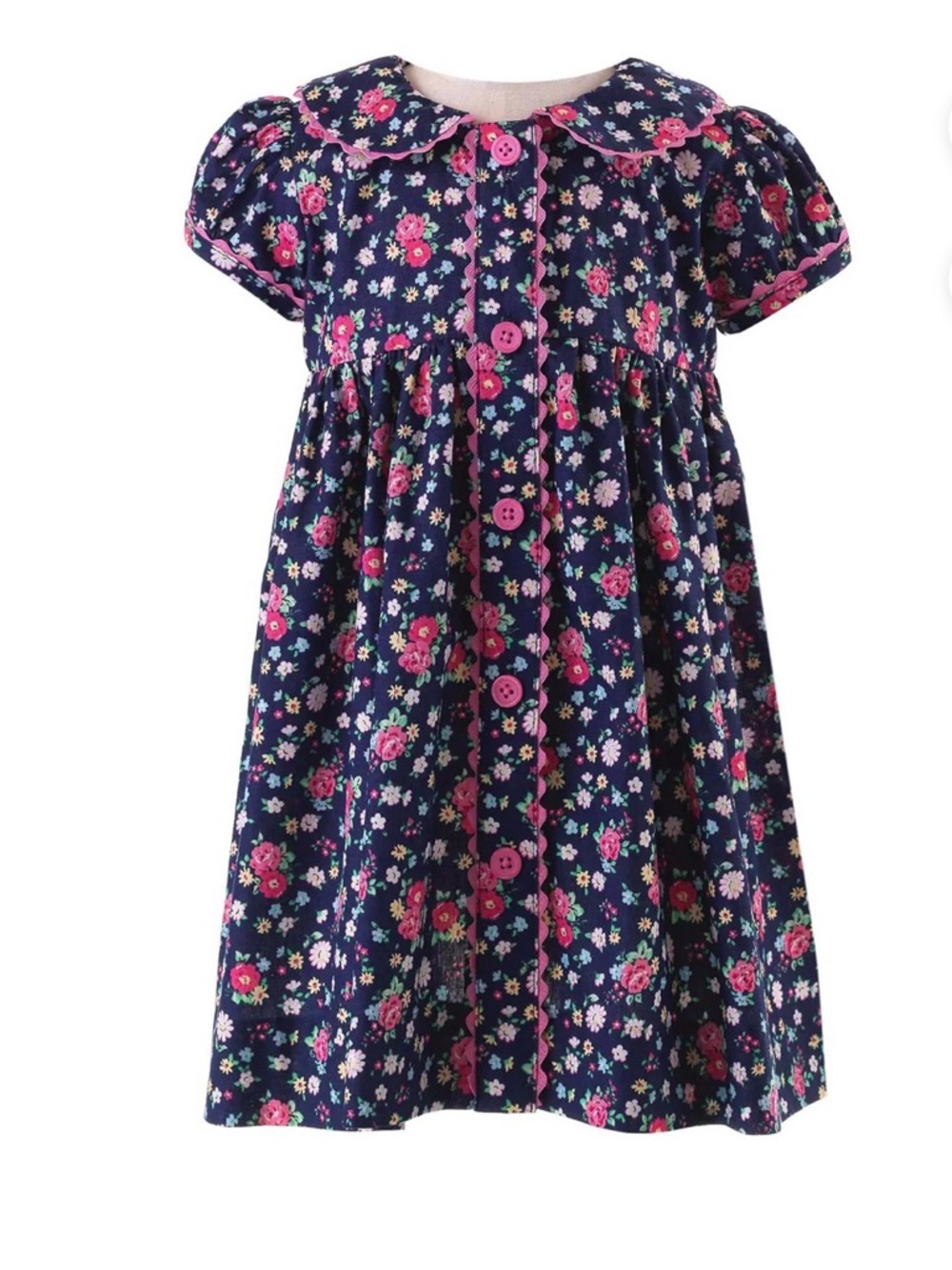 Rachel Riley Navy Floral Button-Down Dress with Pink Accents Sz 4y